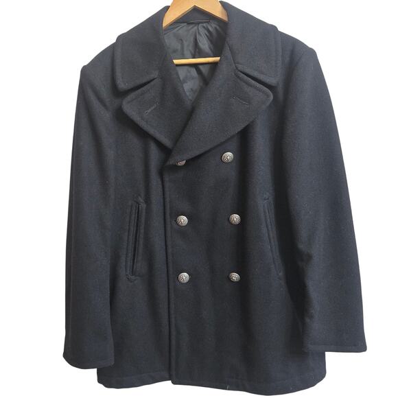 Mens Vtg 1978 U.S. Navy Military Black Eagle Button Double Breasted Pea Coat 42S - Picture 1 of 9